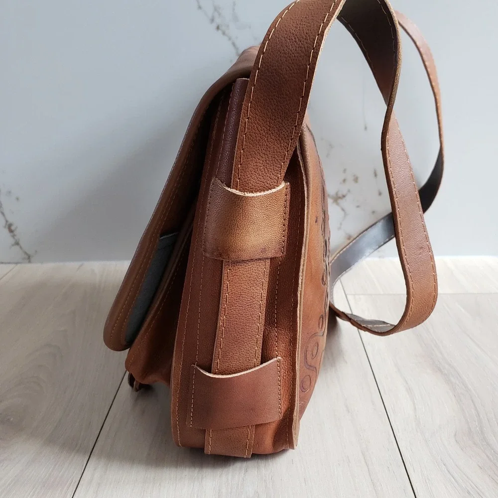 Holy Land Jerusalem Messenger Bag Unisex Medium Brown Leather Tooled Souvenir